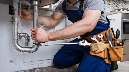 Plumber repairing pipes beneath a sink in Granite Bay